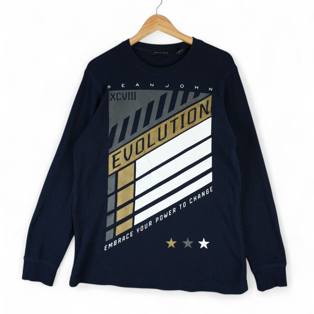 Sean John Shirt Mens M Navy Blue Waffle Knit Long Sleeve P Diddy Thermal Base